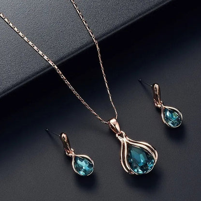 3PCS / Set New Luxury Design Luxury Wedding Pendant Earrings Rose Gold Green Blue Gem Necklace Earring Crystal Pendant Set Jewellery Set