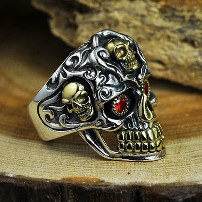 Vintage Fashion Punk Personality Two-Tone Stainless Steel Skull Ring Retro Ruby Inlay Men'S Punk Jewelry Size 7-14