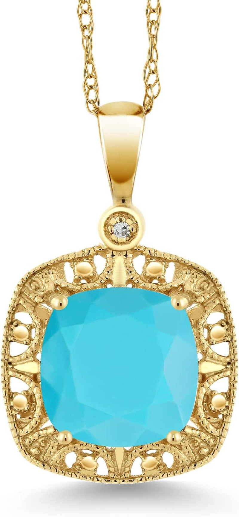 2.01 Ct Cushion Green Turquoise White Diamond 10K Yellow Gold Pendant with Chain