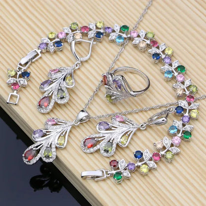 925 Silver Bridal Jewelry Sets Multicolor Topaz Charm for Women Party Plant Design Ring Bracelet Set