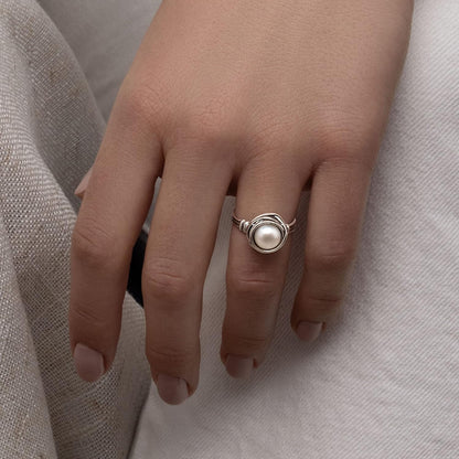 925 Sterling Silver Ring with Fresh Water Pearl Wire Wrap Vintage Design - Hypoallergenic, Nickel & Lead-Free - Artisan Handcrafted Statement Rings for Women