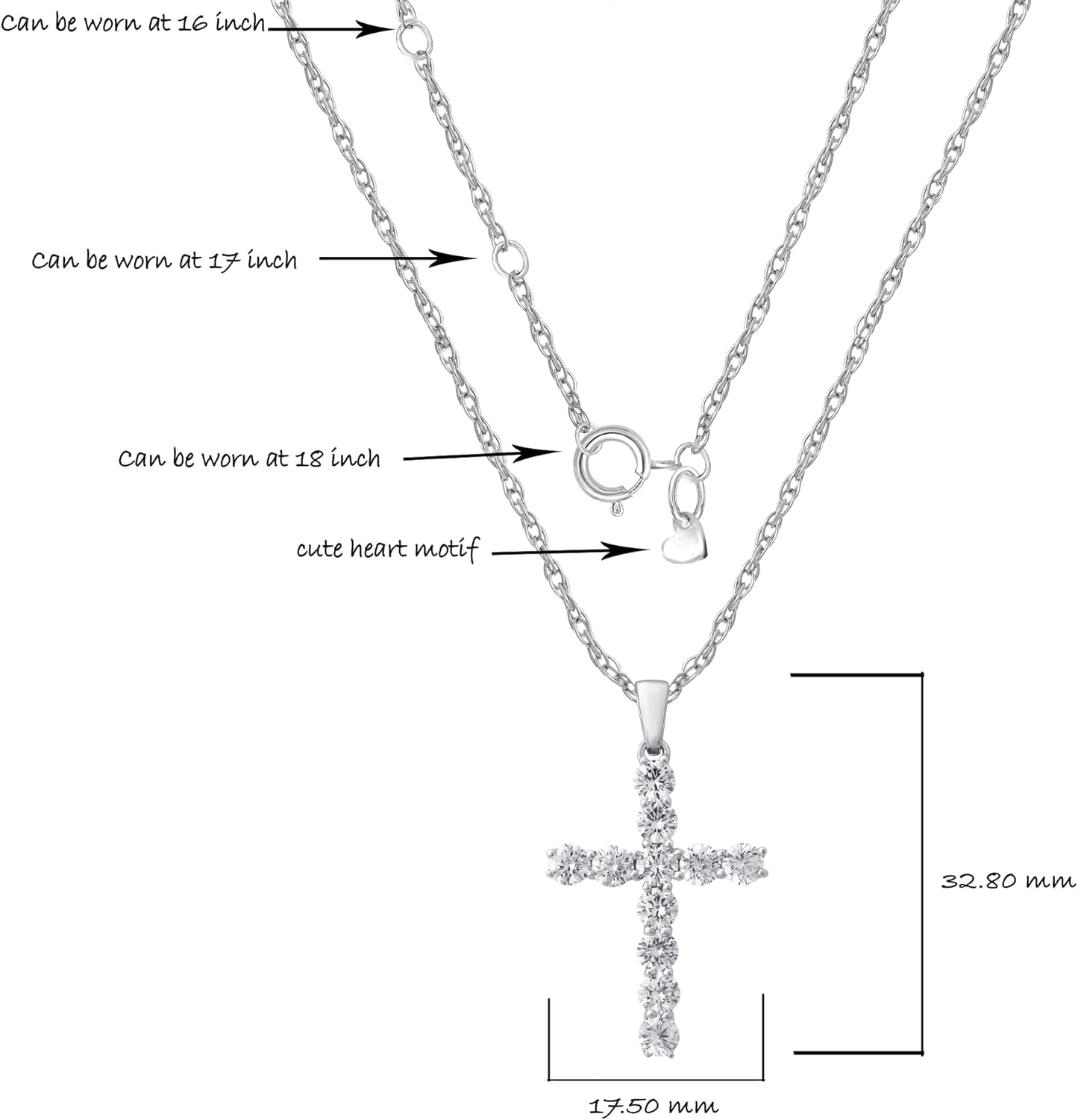 Lab Grown Diamond Cross Necklace for Women | 1/20-2 1/2 CT. TW. White Rhodium Plated 925 Sterling Silver Cross Diamond Pendant Necklace | Accompanied by an Adjustable Silver Chain
