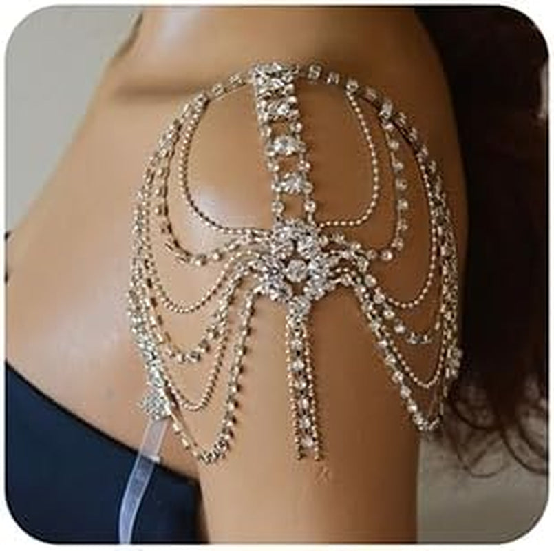 Rhinestones Sexy Shoulder Bra Body Chain Fringe Tassels Body Jewelry Wedding Arm Chain Summer Beach Bikini Shoulder Harness for Women Brides (Type C)