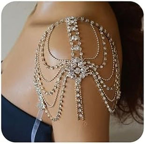 Rhinestones Sexy Shoulder Bra Body Chain Fringe Tassels Body Jewelry Wedding Arm Chain Summer Beach Bikini Shoulder Harness for Women Brides (Type C)
