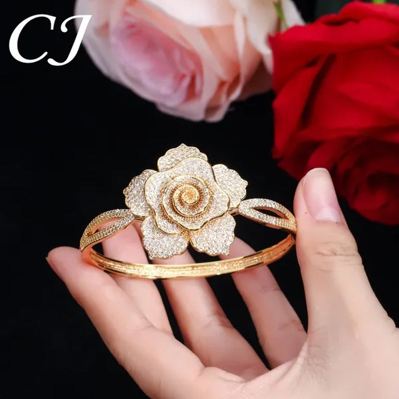 CANDICE Exquisite Open Cuff Style Paving Cubic Zirconia White Gold Plating Women Large Flower Bangle Bracelets Jewelry For Evening Party Wedding