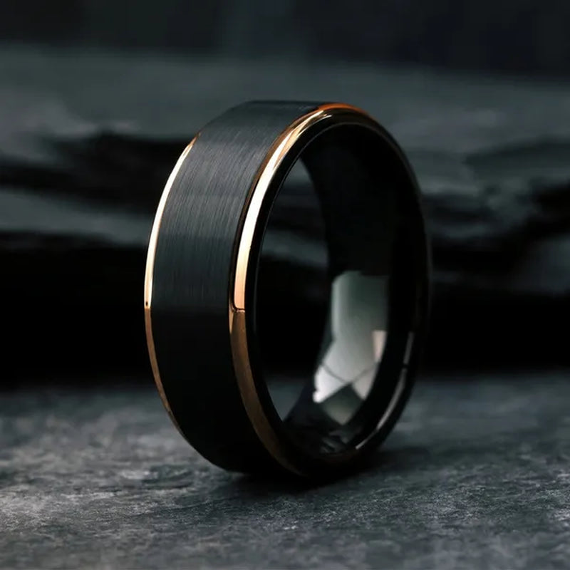 Men's black tungsten ring with rose gold edge plating wedding band for men jewelry ring size 6-13