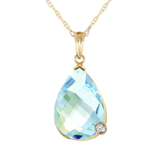 6.54 Carat 14K 16" Solid Gold Necklace with Natural Briolette Checkerboard Cut Blue Topaz and Diamond Pendant