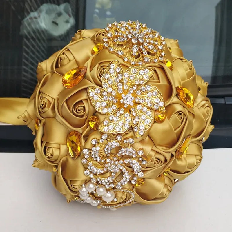 Private Custom 18CM Wedding Bouquet Luxury Gold Crystal Brooch Bride Bouquet Pure Handmade Silk Rose Ribbon Wedding Bride Holding Flowers Multi-Color Optional