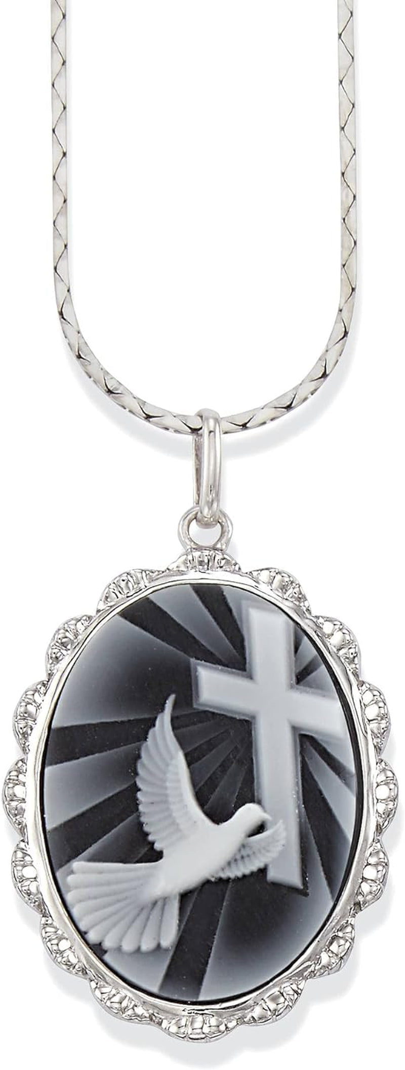 Dove with Cross Cameo Pendant | 925 Sterling Silver | Religious Jewelry | 24'' Chain | Gift Boxed, Silver, White