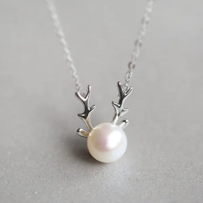Luxury S925 Sterling Silver Full Diamond Key Star Antlers Pearl Heart Shaped Pendant Necklace Women Fashion Silver Jewelry Lady Personality Pendant Gift for Girl