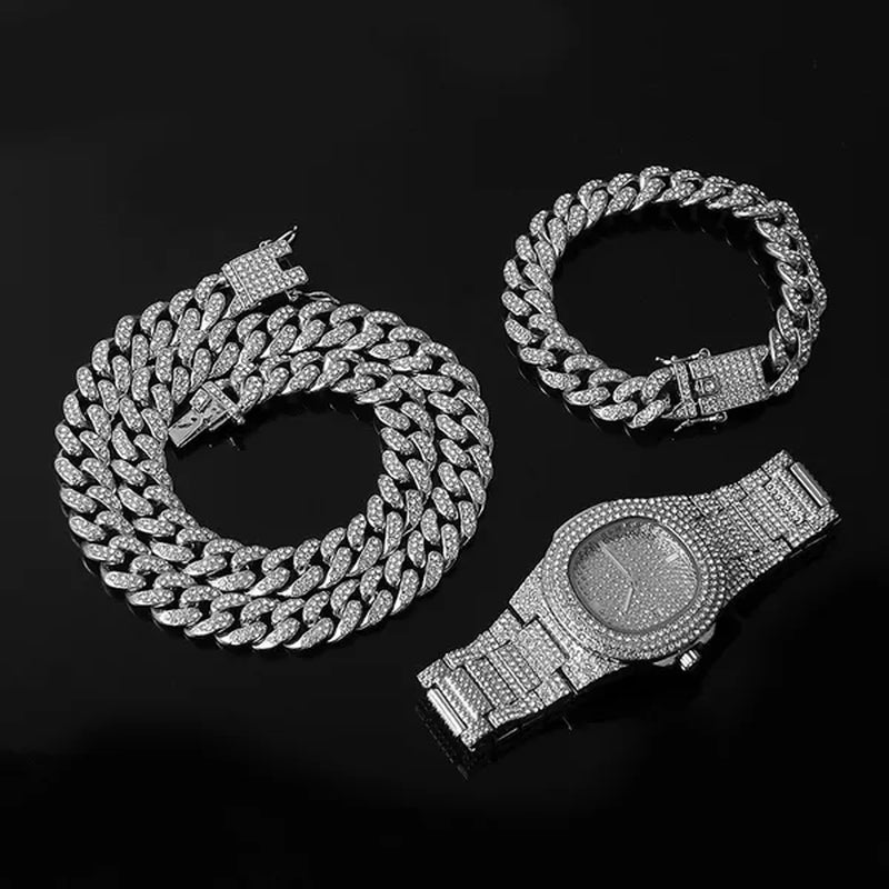 3 Colors 13MM Iced Out Chain Hip Hop Watch Necklace Bracelet Bling Miami Cuban Link Chain Mens Jewelry Set Relojes Hombre