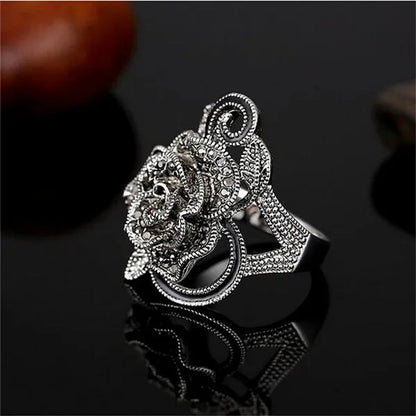 US/UK Trendy Women Retro Rose Flower Ring Black Crystal Vantige Big Flower Rings Jewelry Gift
