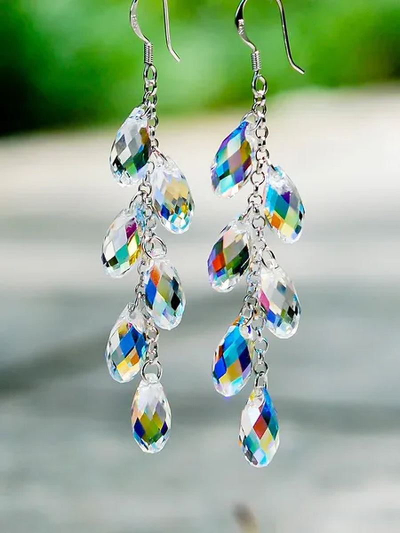 Teardrop Cut Colorful Crystal Gemstone Pendant Tassel Hook Earrings for Bridal Romantic Wedding Women Jewelry