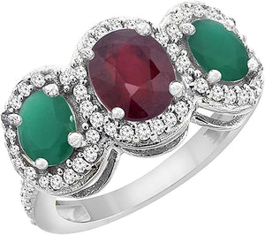 14K White Gold Natural Quality Ruby & Cabochon Emerald 3-Stone Mothers Ring Oval Diamond Accent, Sz5-10