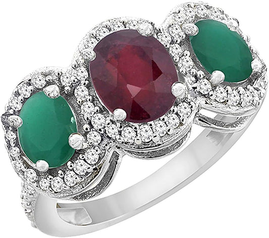 14K White Gold Natural Quality Ruby & Cabochon Emerald 3-Stone Mothers Ring Oval Diamond Accent, Sz5-10