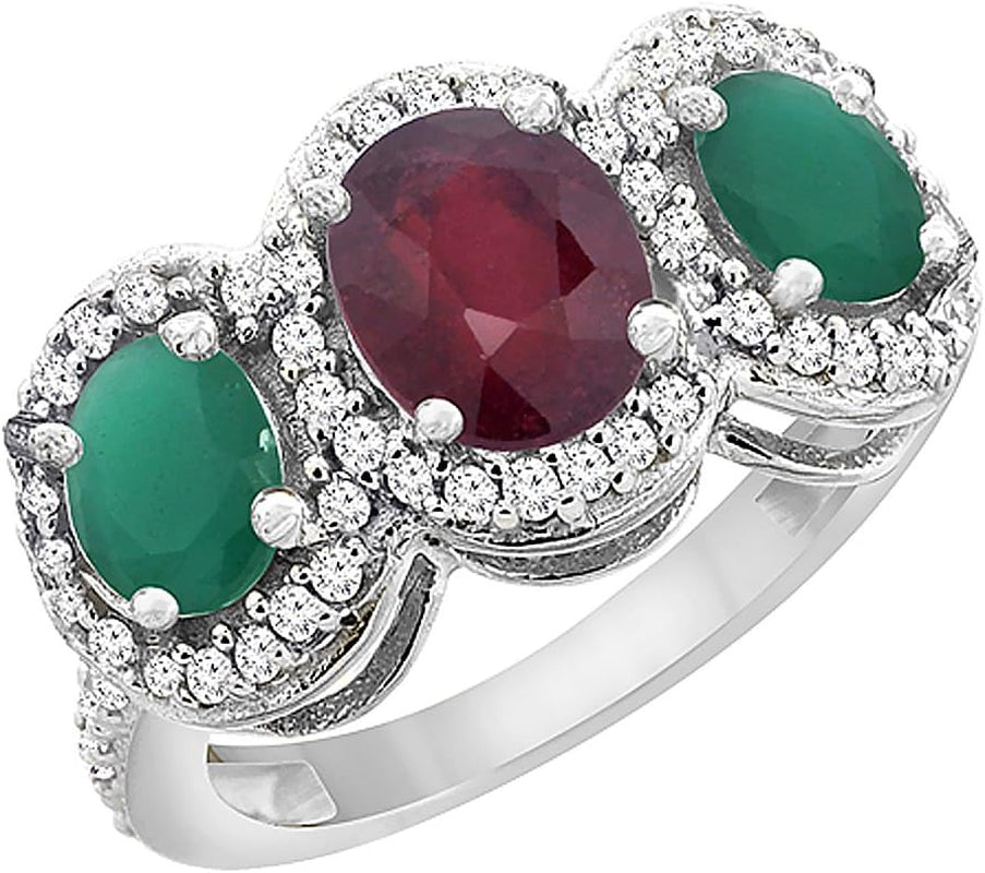 10K White Gold Natural Quality Ruby & Cabochon Emerald 3-Stone Mothers Ring Oval Diamond Accent, Sz5-10