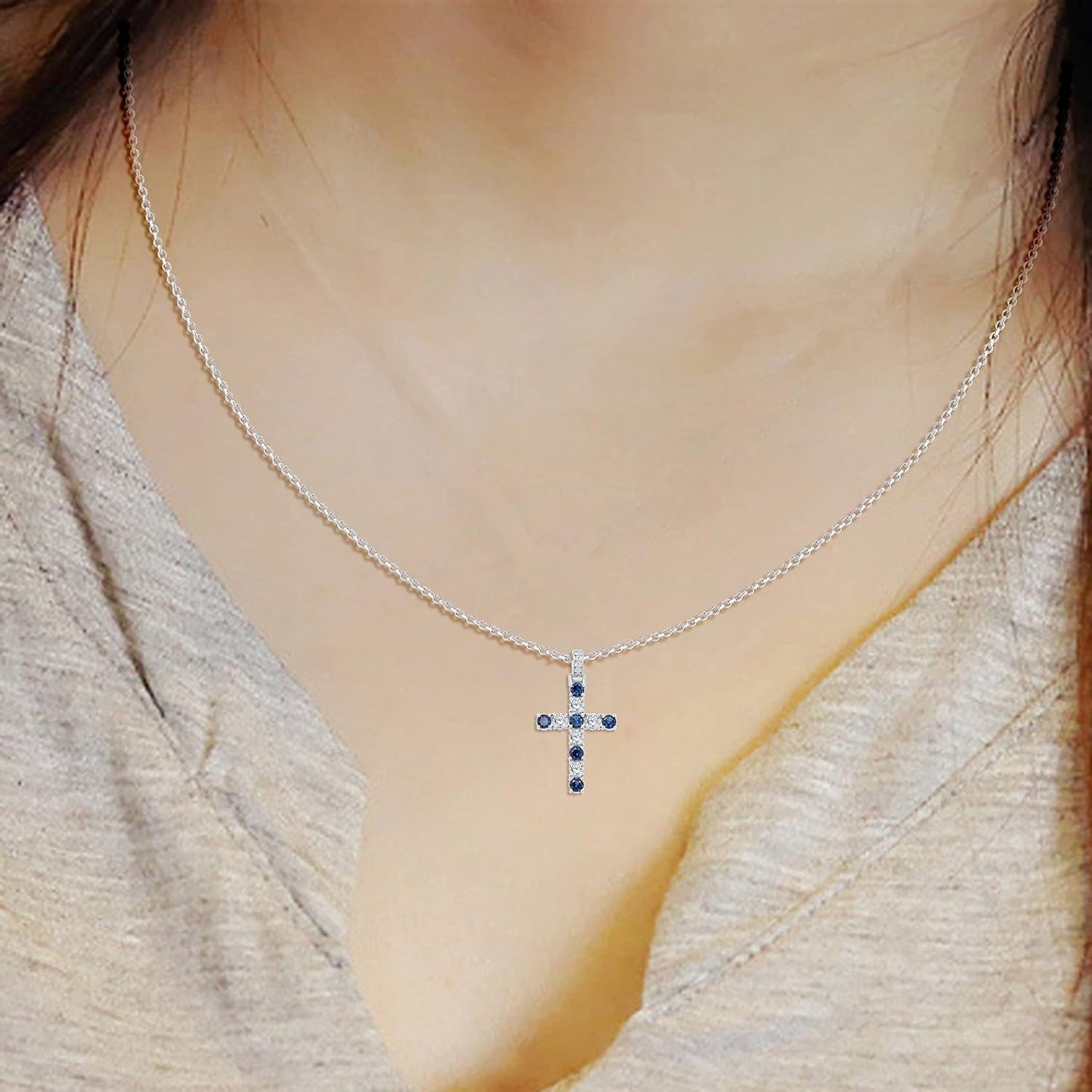 3.20MM round Cut Simulated Multicolor Gemstone & 0.70 Cttw Natural Diamond Cross Pendant Necklace along with 18" Chain in 14K Gold Plated 925 Sterling Silver