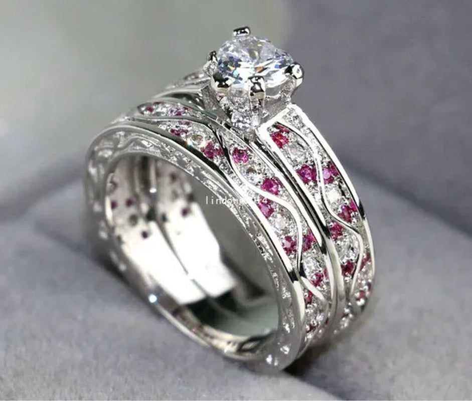 Heart 1Ct CZ Ruby 10KT White Gold Filled Claddagh Ring Sets Women'S Wedding Ring Sz6-9