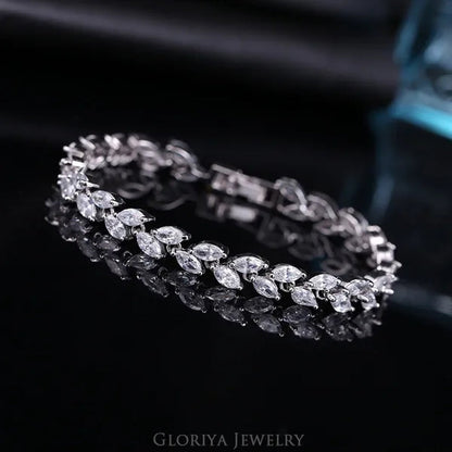 Gloriya Silver Plated Inlay Black and White AAA Grade CZ Crystal Leaf Chain Bracelet Bangle for Women 2024 Fashion Design Fashion Mujer Jewelry
