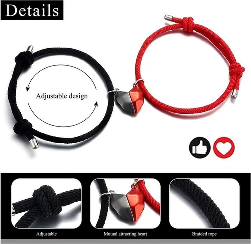 4Pcs/Set Two Souls One Heart Matching Necklaces Bracelets for Couples Creative Magnet Wishing Stone Necklaces Pandent Braided Rope Bracelets Mutual Attraction Friendship Couples Jewelry Gifts for Valentine'S Day