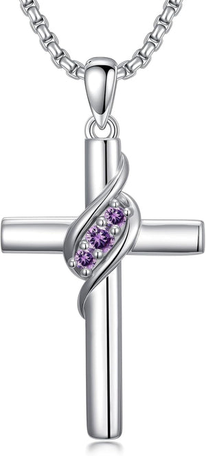 Cross Birthstone Necklace for Women 925 Sterling Silver Cross Pendant Christian Religious Jewelry Birthday Christmas Gifts for Her/Wife/Mom/Girlfriend