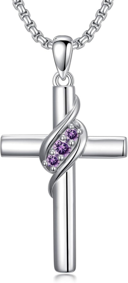Cross Birthstone Necklace for Women 925 Sterling Silver Cross Pendant Christian Religious Jewelry Birthday Christmas Gifts for Her/Wife/Mom/Girlfriend