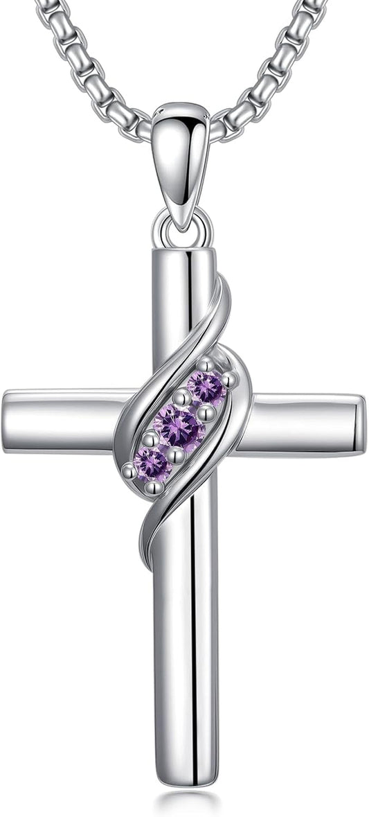 Cross Birthstone Necklace for Women 925 Sterling Silver Cross Pendant Christian Religious Jewelry Birthday Christmas Gifts for Her/Wife/Mom/Girlfriend
