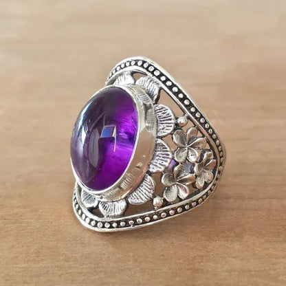 Exquisite Woman Fashion Vintage Wide Edge Engraved Flower Ring  Amethyst  Ring Engagement Party Bride Wedding High Jewelry Christmas Valentine's Day Gift Ring Size US4-12