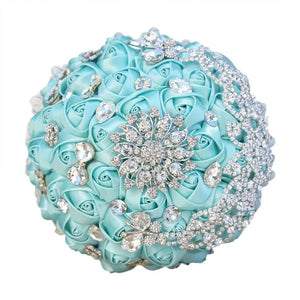 18CM Luxury Crystal Brooch Bride Bouquet Holding Flower Ribbon Lace Wedding Bouquet Artificial Simulation Rose Wedding Flower Bridesmaid Bouquet