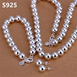 3Pcs 925 Sterling Silver 8MM Buddha Beads Earring Bangle Bracelet Necklace Jewelry Set