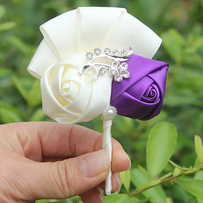 Handmade 8piece/lot Colorful Silk Rose Wedding Corsages Boutonniere Groom Diamond Wedding Flowers Boutonniere Brooch Flower