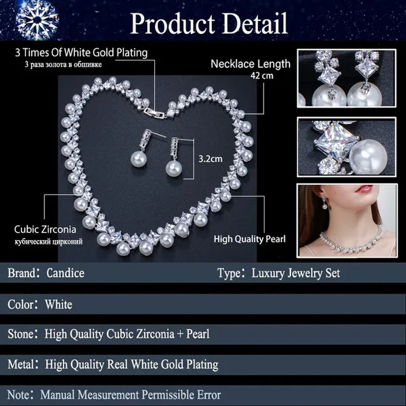 CANDICE High Quality White Gold Plating Square CZ Stone With White Pearl Luxurious Bridal Jewelry Wedding Choker Necklace and Drop Earrings Sets for Brides Dress Accessories