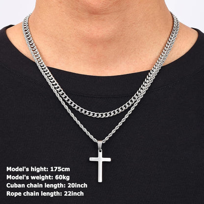 Valentines Gifts for Him - 2 Pcs Cross Necklace Chain for Men and Women, Layered Mens Cross Necklaces Stainless Steel Pendant Cuban Link Rope Chain 16-26 Inch, Jewelry Gift