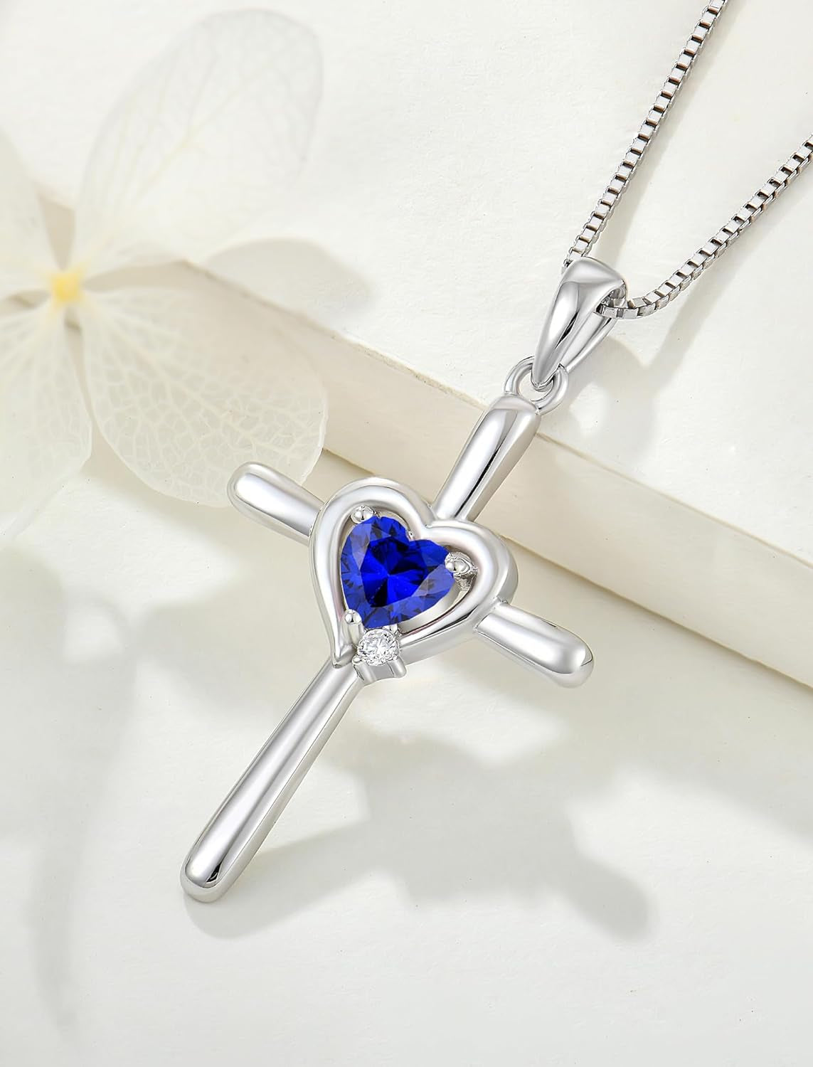 Cross Necklace 925 Sterling Silver Crucifix Pendant Heart Birthstone Religious Jewelry for Women