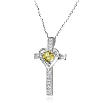 Sterling Silver Citrine and White Topaz Heart Cross Birthstone Pendant Necklace