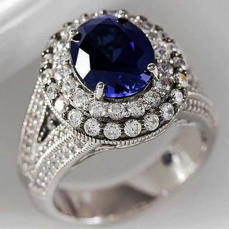 Luxury Vintage Oval Cut Blue Sapphire Ring for Women Princess Wedding Engagement Banquet Party Micro Paved Diamond Jewelry for Women