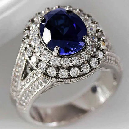 Luxury Vintage Oval Cut Blue Sapphire Ring for Women Princess Wedding Engagement Banquet Party Micro Paved Diamond Jewelry for Women