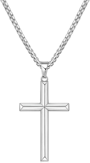 Beveled Edge Cross Necklace for Men, Silver Tone/Black/14K Gold Plated Mens Cross Necklace, 2.5MM Stainless Steel Box Chain with Pendant