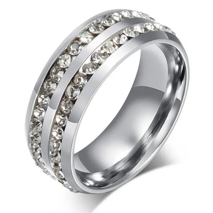Fashion Exquisite Women Men 8mm Stainless Steel Unique Double Row Crystal Diamond Ring Wedding Band Jewelry Gifts(Size 5-13)