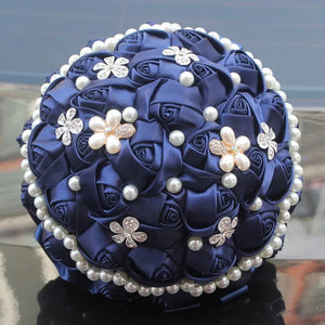 18CM Dark Blue Wedding Bouquet Pearl Diamond Brooch Bride Holding Flowers Artificial Silk Rose Bridesmaid Flower Bouquet Fake Flower
