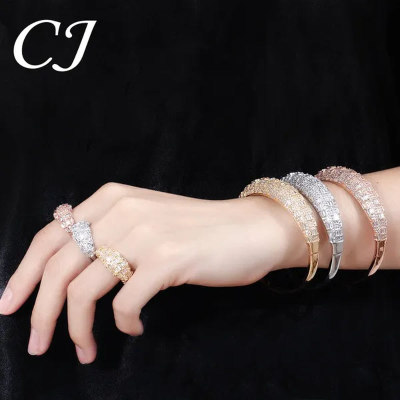 CANDICE Exclusive Design Rose Gold Plated Dubai Wedding Wide Bangle Ring Set Full Hand-inlaid Cubic Zirconia African Bridal Open Cuff Bracelet Jewelry Sets for Women Prom Party