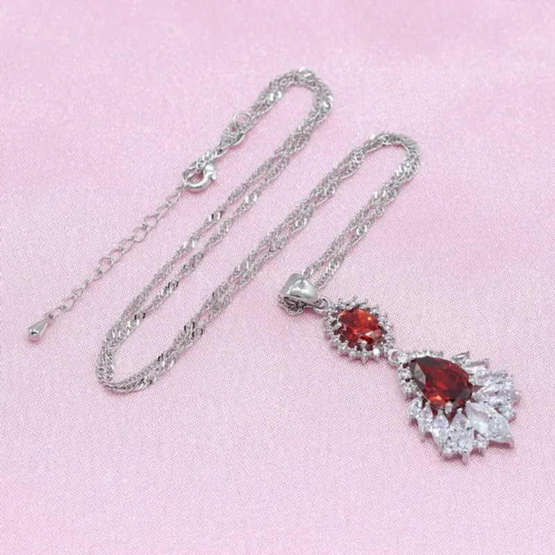 Women jewelry sets Flower Shaped Red/Blue/Green Stones Rings Necklace Earrings