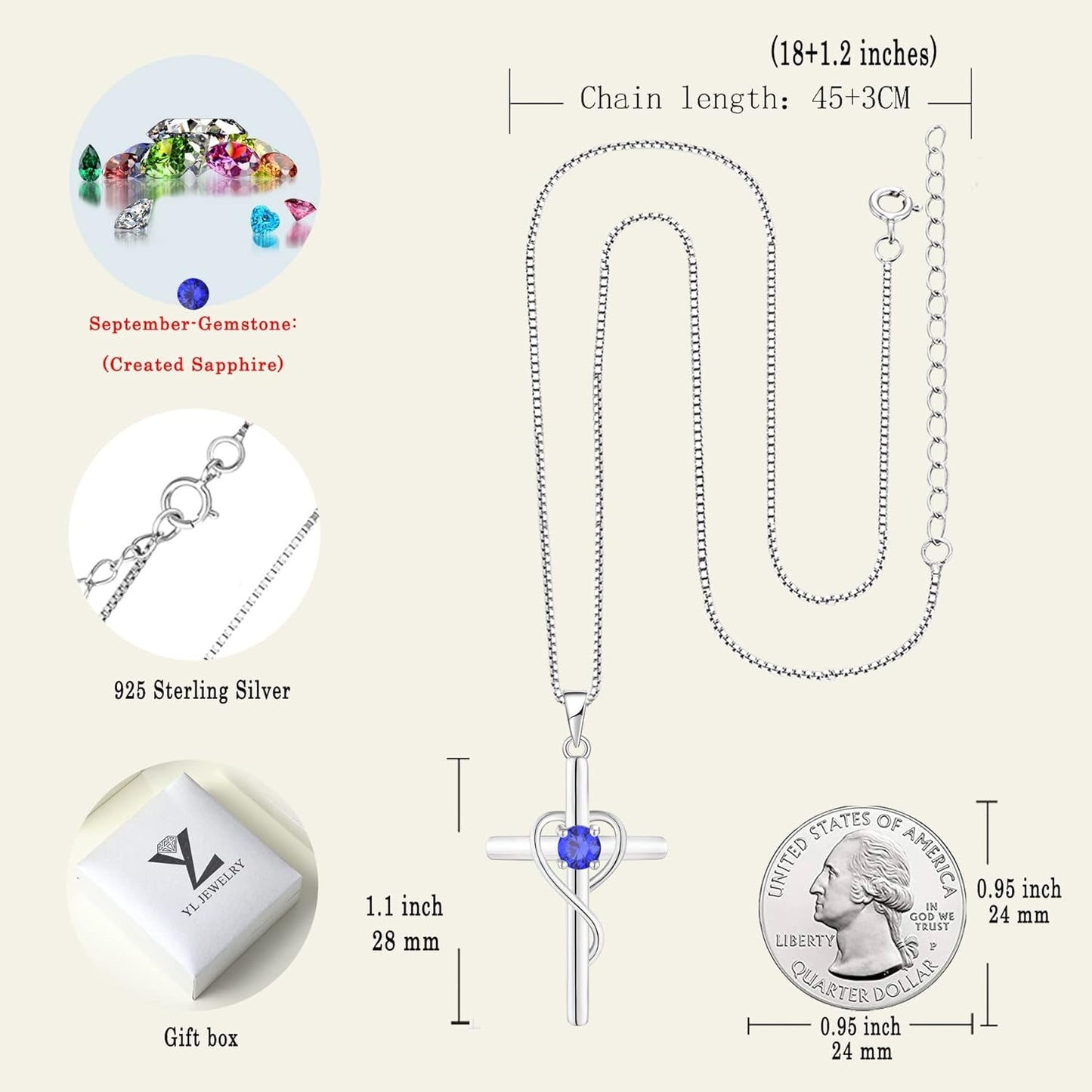 Infinity Heart Cross Necklace Sterling Silver Crucifix Pendant Gemstones Criss Jewelry for Women