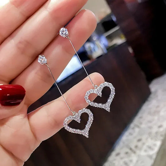 New Exquisite Korean Women's Fashion  Diamond Long Tassel Heart-shaped Pendant Earrings Jewelry Gift