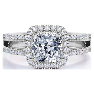 .63 Ct Cushion Cut Real Diamond - Vintage Style - Engagement Ring - Split Shank - Halo Ring - 10K White Gold