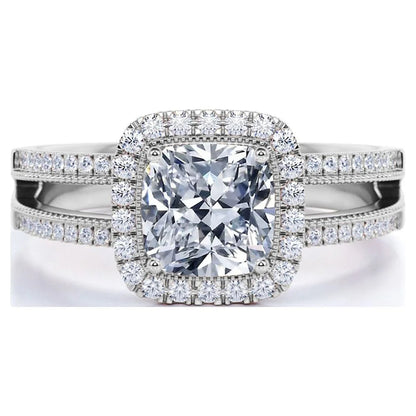 .63 Ct Cushion Cut Real Diamond - Vintage Style - Engagement Ring - Split Shank - Halo Ring - 10K White Gold