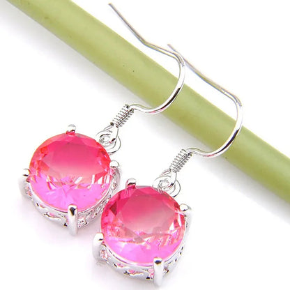Classic round Pink Bi-Colored Tourmaline Gemstone Silver Dangle Earrings for Women Holiday Gifts