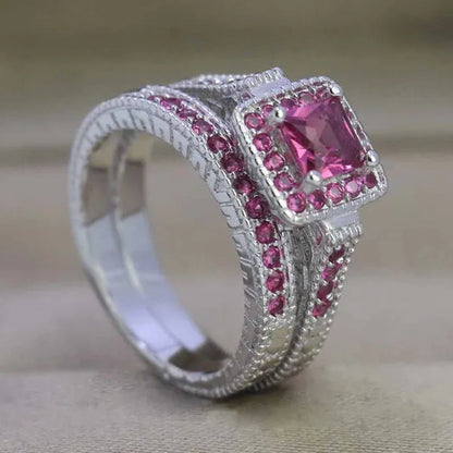 Sz6-9 10KT White Filled Princess cut 5mm Red CZ Ruby Womens Wedding Ring Bridal Sets