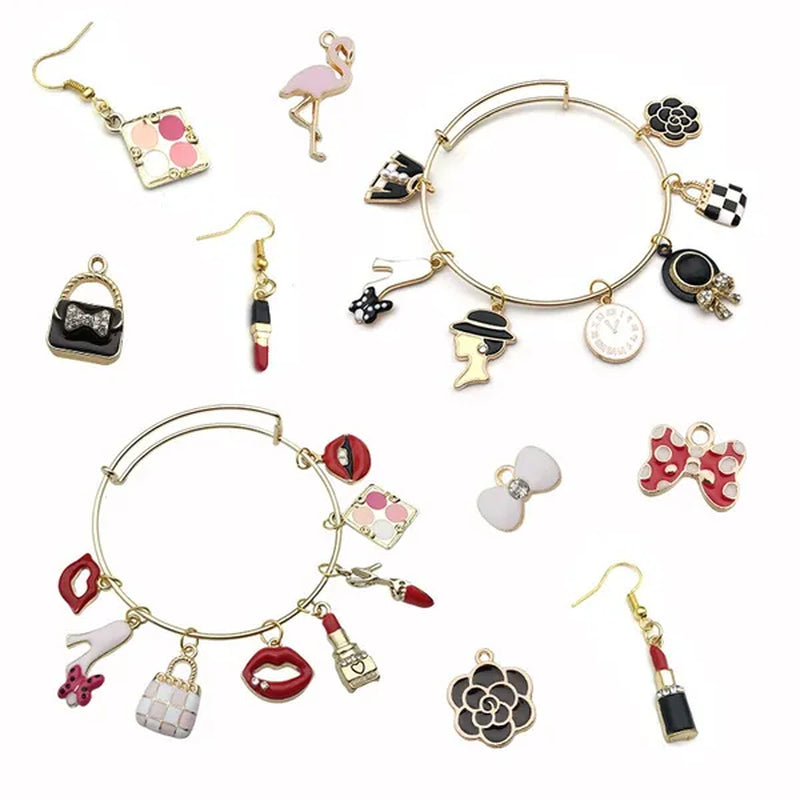 30pcs Mixed Pattern Pink Drop Oil  Fish Flower Horse Enamel Charm DIY Jewelry Bracelet Necklace Pendant Gold Tone Float Finding