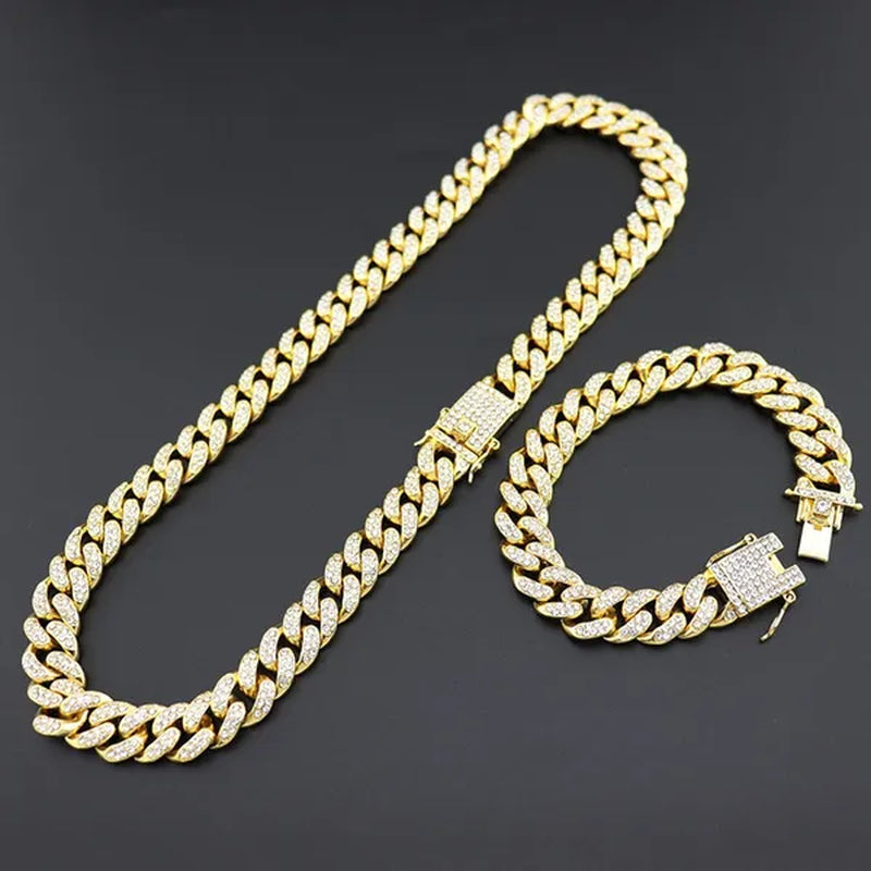 13MM Men's Hip Hop Necklace or Bracelet,Iced Out Bling Rhinestones Miami Cuban Link Chain Necklace Bracelet Set Jewelry Gifts